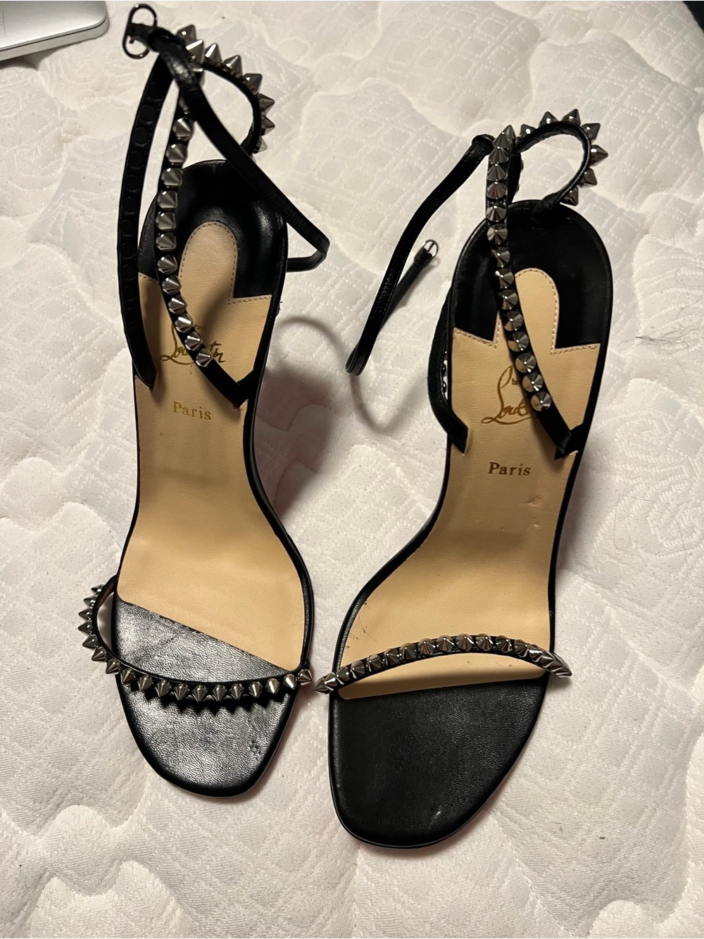 Christian Louboutin Black Leather Studded Ankle-Strap Heels